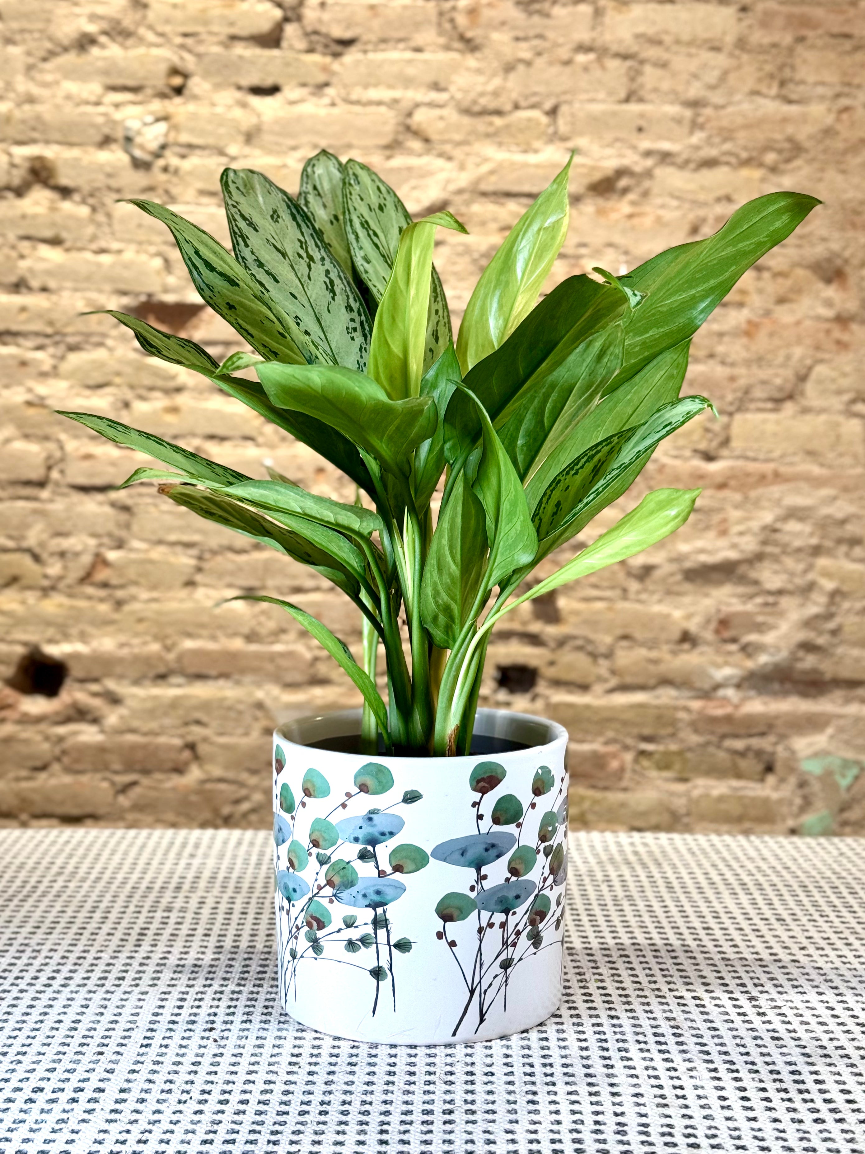 Portamacetas blanco con ramas y hojas verdes estilo japonés